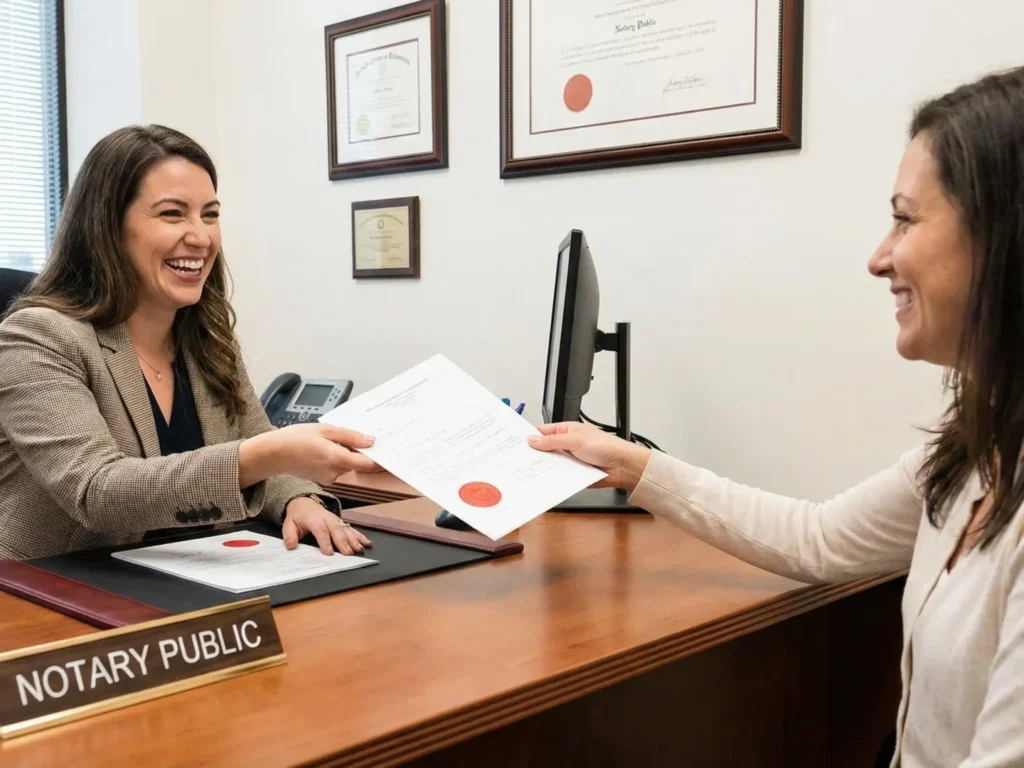 A successful notary appointment with a stamped and sealed document.