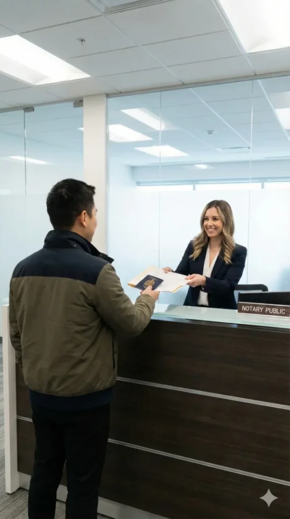 Client providing government-issued ID and original documents for walk-in notary services in Toronto.