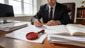 Notary public signing documents in an office, emphasizing notarization services in Canada