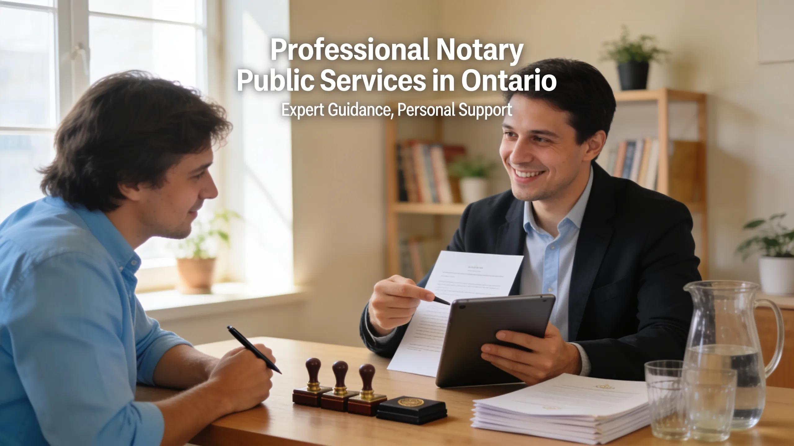 Mobile notary assisting clients with document services in Ontario