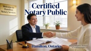 Friendly notary public assisting clients with legal documents in a welcoming Hamilton office