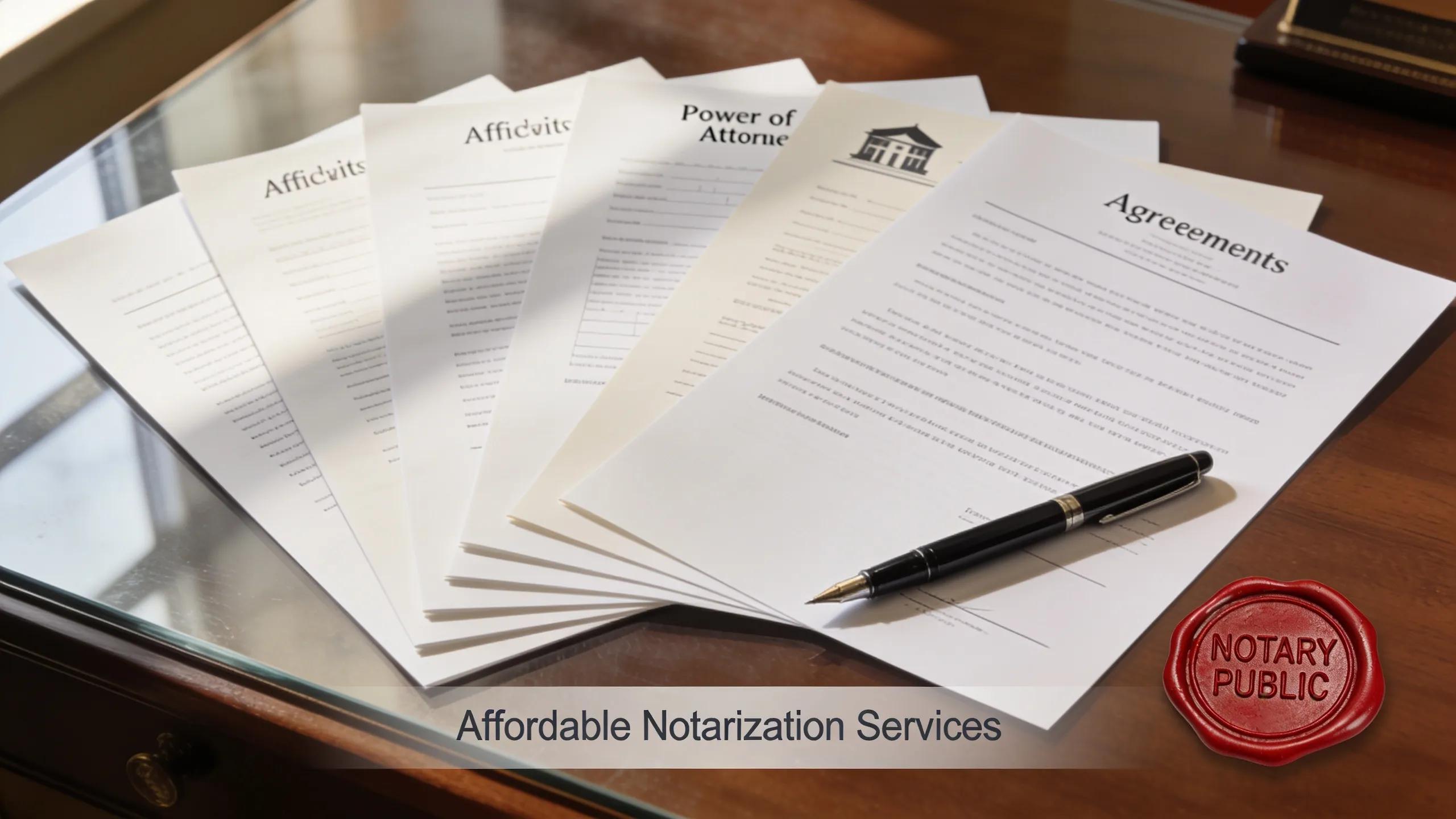 A collection of legal documents including affidavits and powers of attorney on a desk ready for notarization