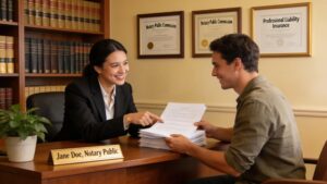 Friendly notary public assisting clients in a welcoming office, highlighting trusted legal document services