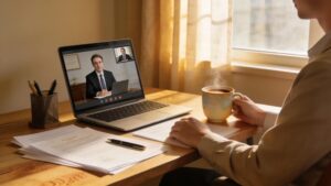 Person engaged in a virtual notary appointment, illustrating the convenience of online legal services