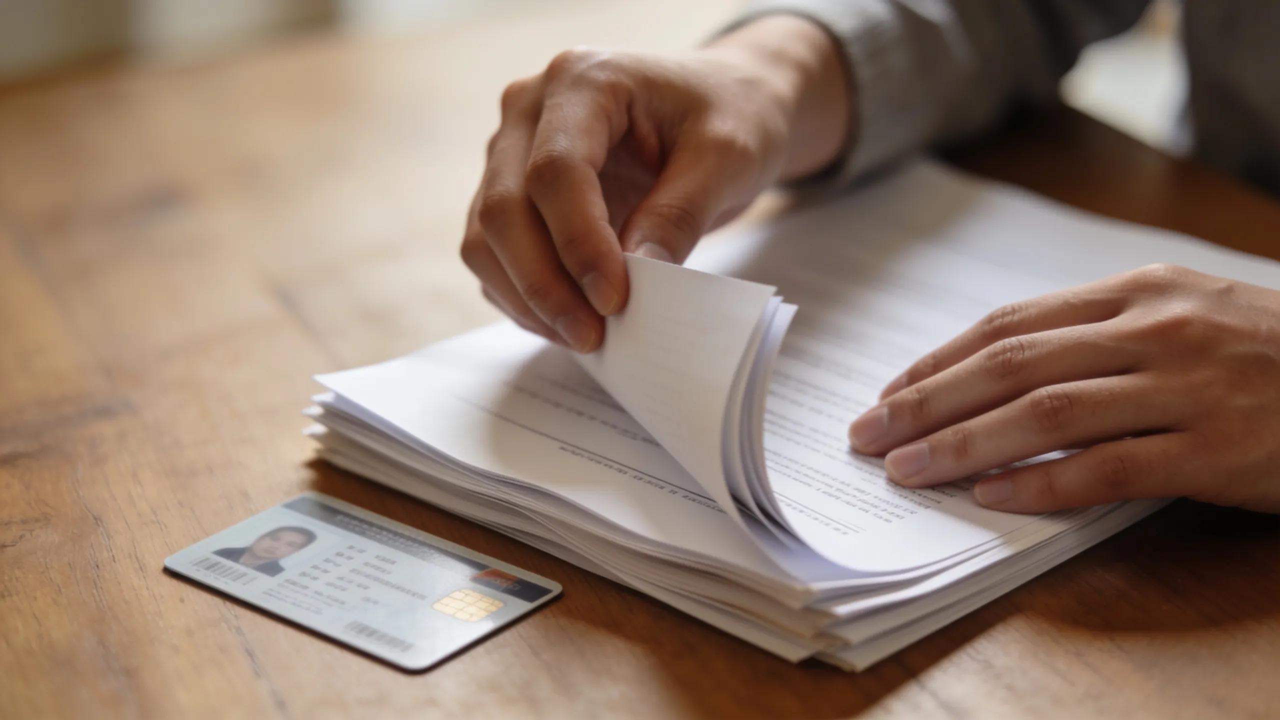 A close-up of organized legal documents and ID, signifying preparation for a notary public appointment.