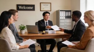Vibrant notary office scene showing clients interacting with a notary, emphasizing personalized service