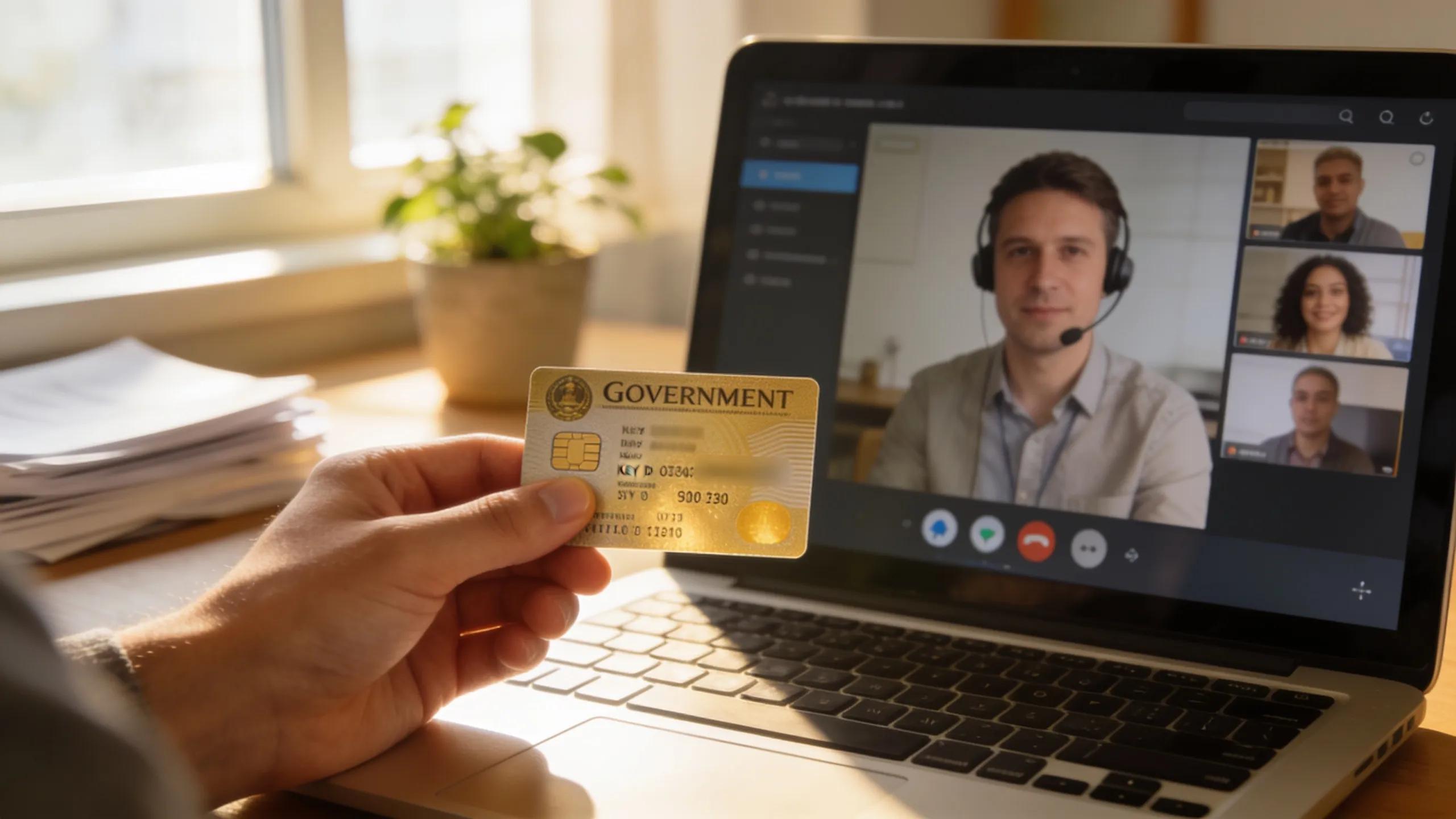 Hand holding a government-issued ID next to a laptop for identity verification