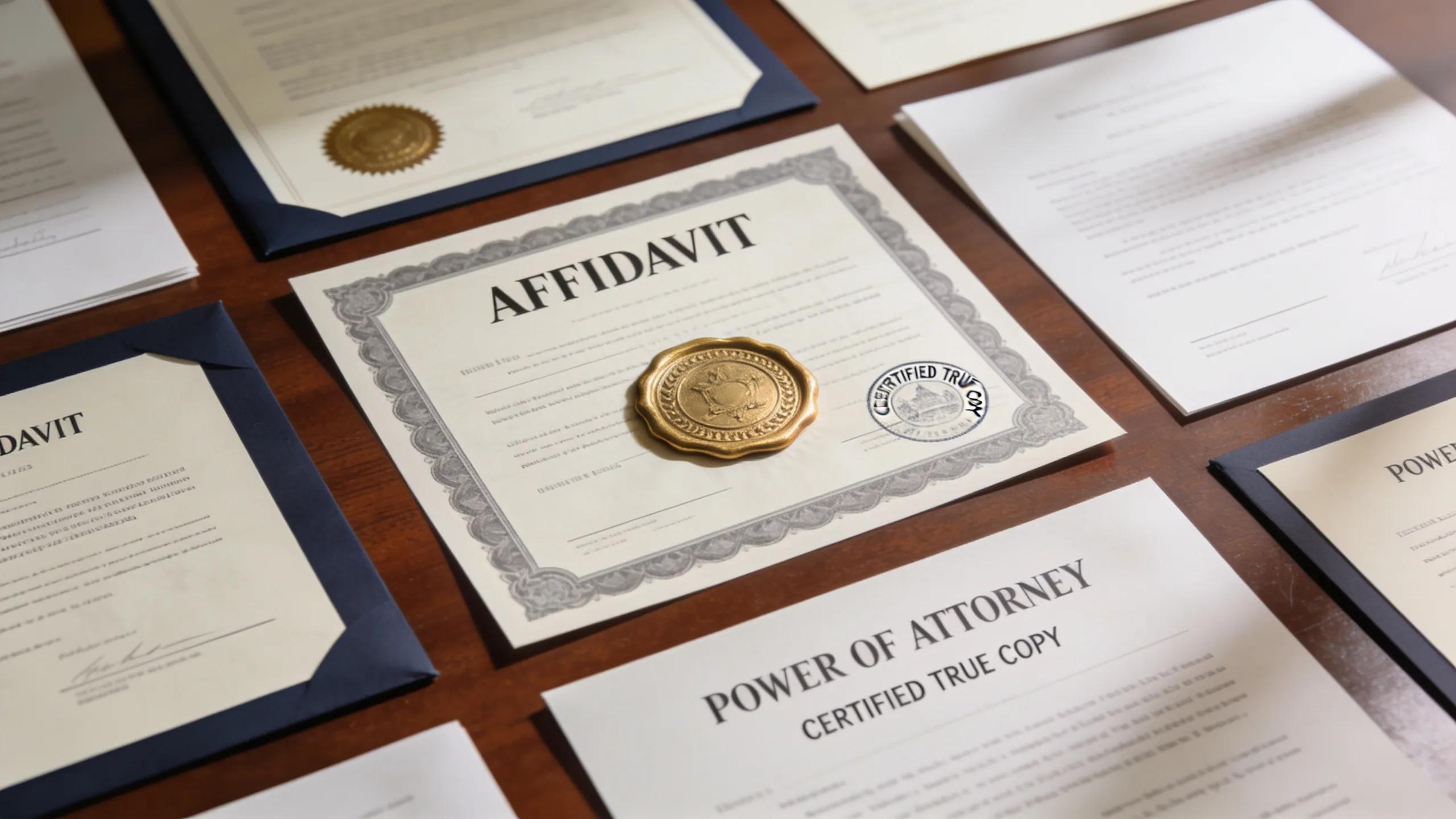 Collection of legal documents with a focus on authentication, highlighting the types of notary services available