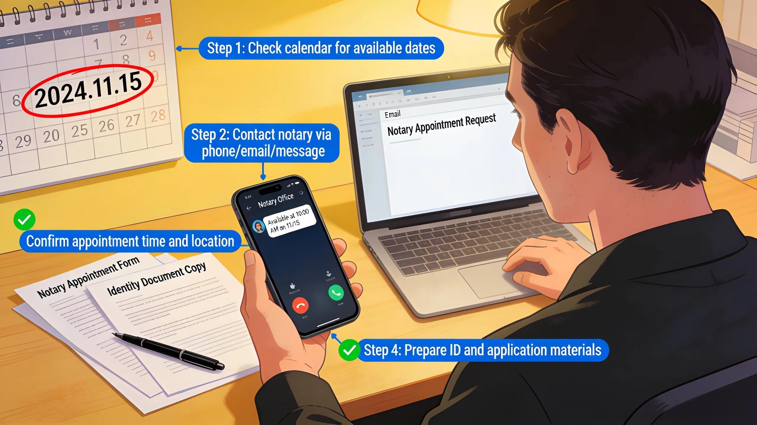 Illustration of booking notary appointments, featuring a phone and computer, highlighting convenient communication