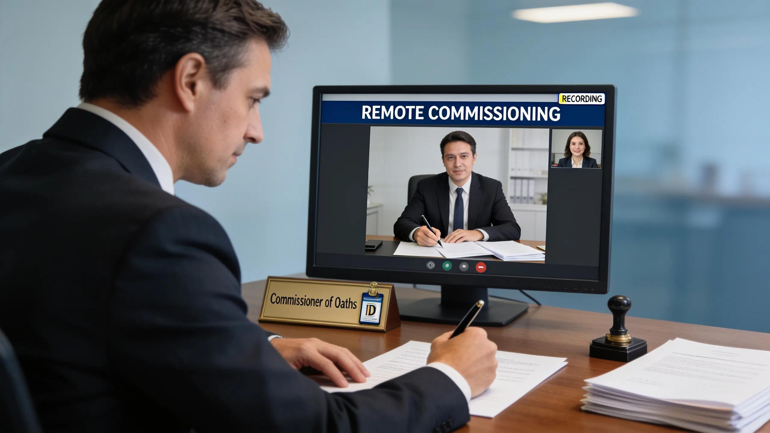 Video call screenshot of a commissioner observing a client signing documents