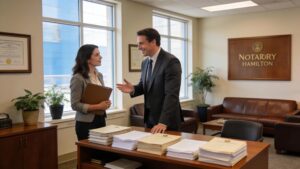 Hamilton notary office interior with a professional setting and engaged client interaction