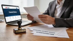 Document authentication scene showing a person with a notary public stamp and laptop, representing Canada Notary services for international document use