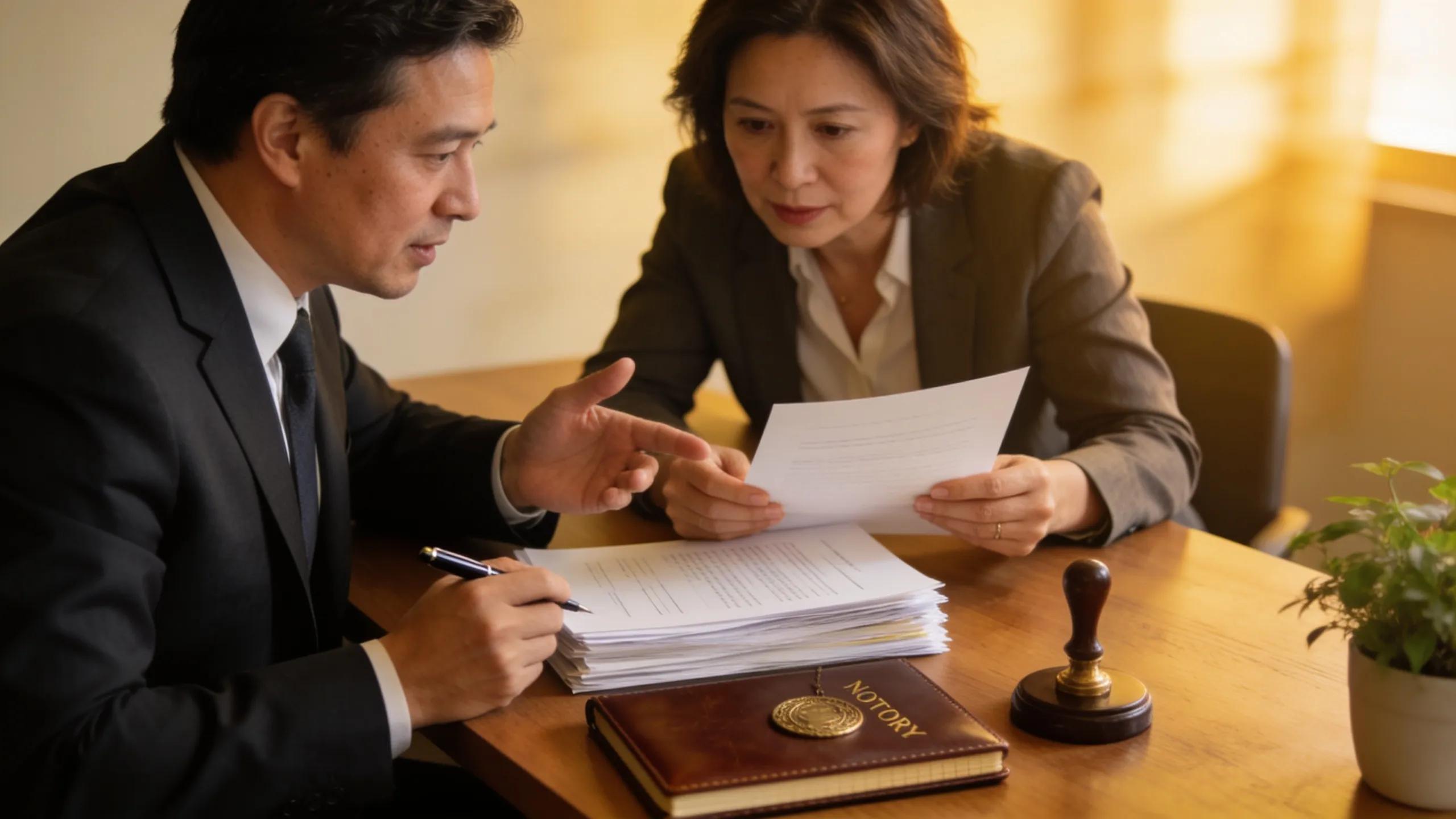 A notary public assisting a client with legal document authentication, illustrating the personal service in the profession.